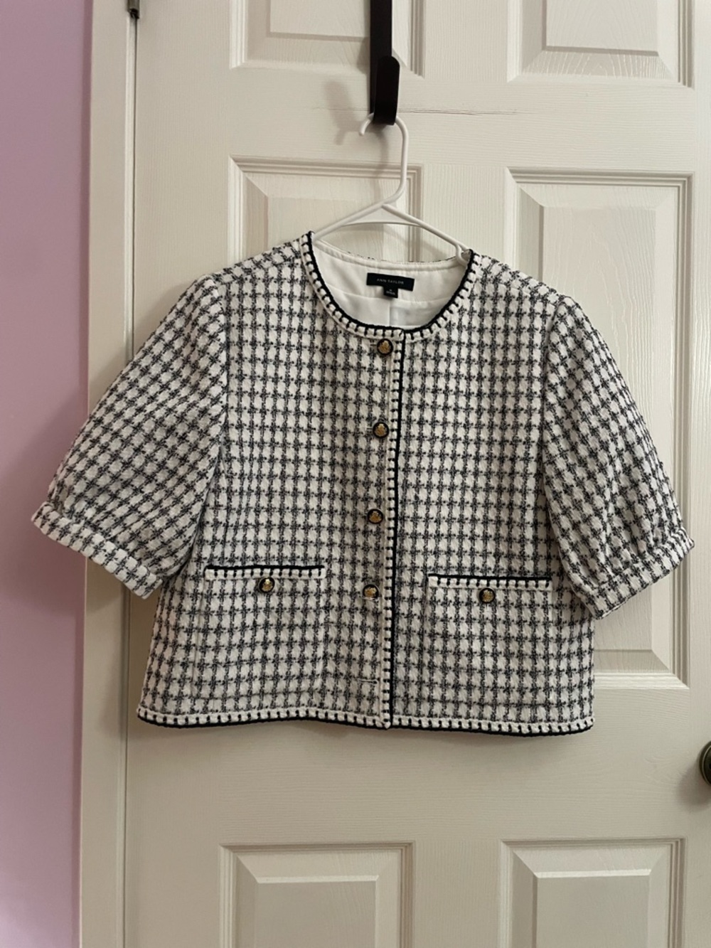 Ann Taylor Black and White Tweed Cropped Jacket with Gold Buttons